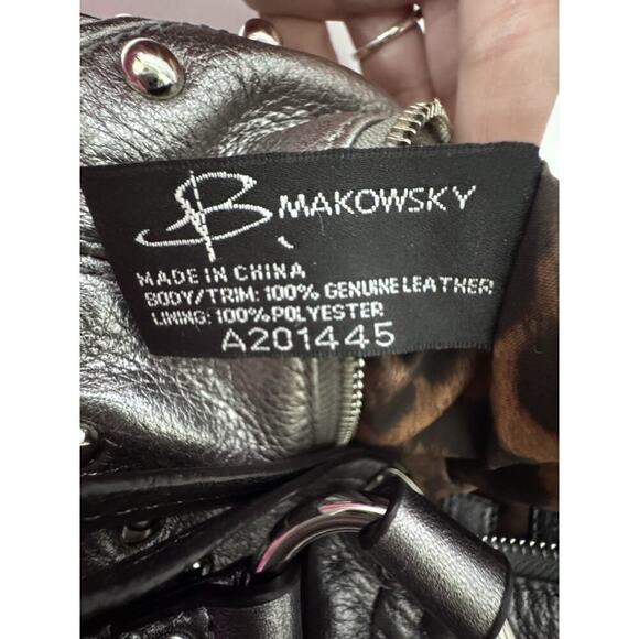 B. Makowsky Purse 100% Leather, Pewter Metallic, Metal Studs, Adjustable Strap - Picture 3 of 14